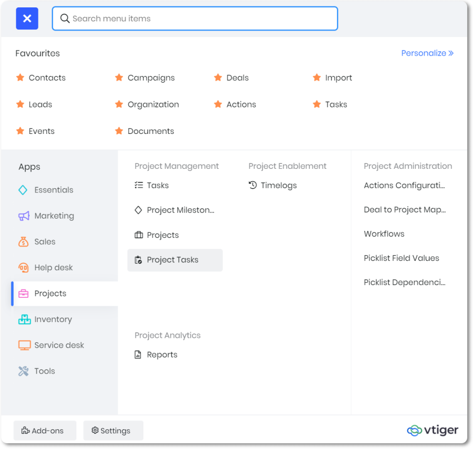 screenshot of Vtiger CRM